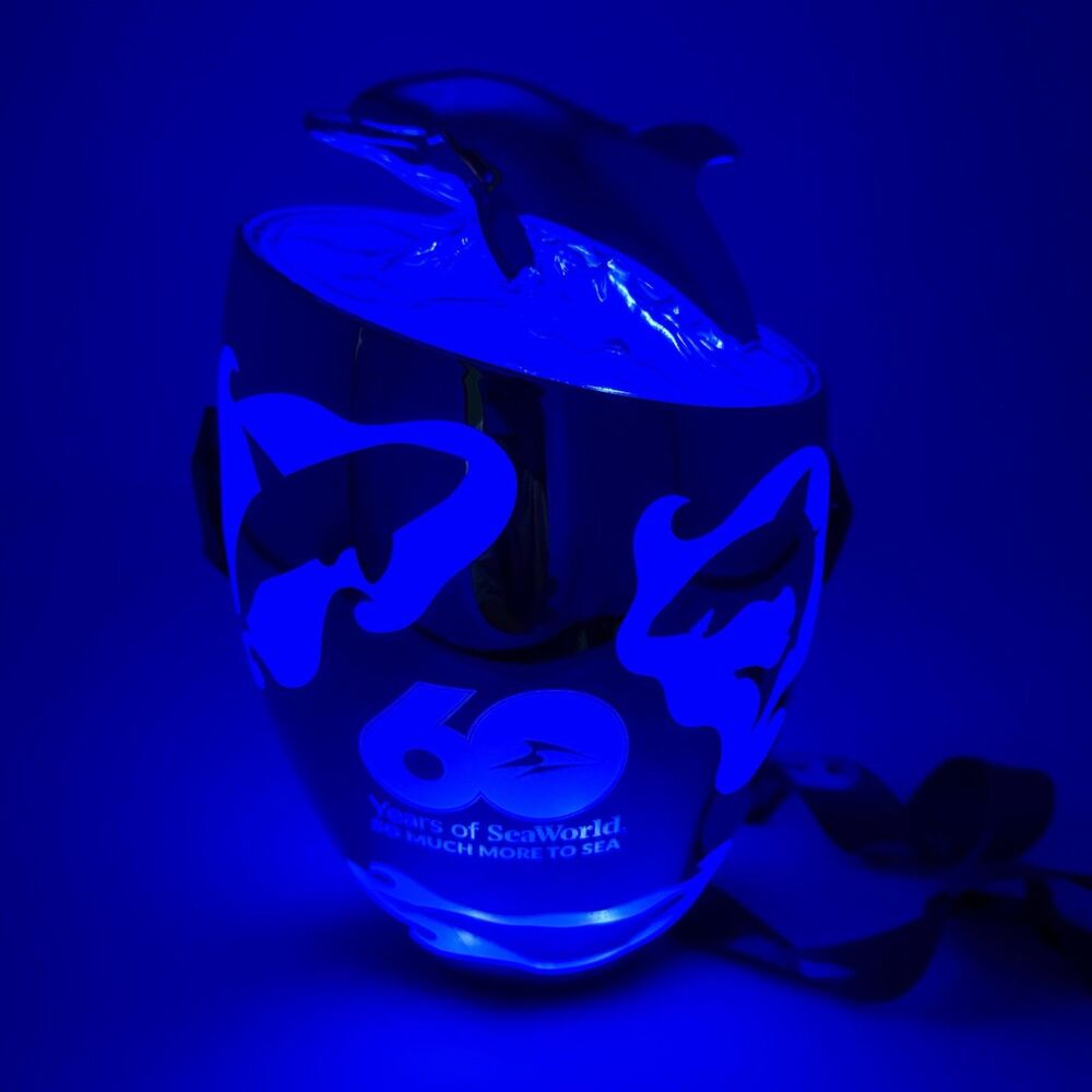 SeaWorld 60th Anniversary Chrome Dolphin Light Up Souvenir Popcorn Bucket Sealed - Picture 5 of 7